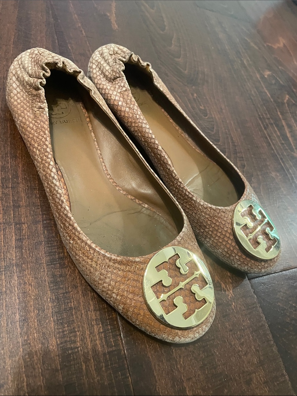 Tory Burch Snake-Embossed Tan Ballet Flats with Gold Logo